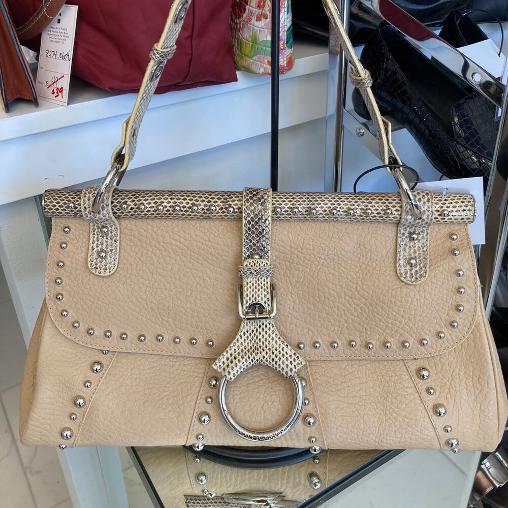Dolce & Gabbana Tan Pebbled Leather Bag Snakeskin Trim Silver Studs
